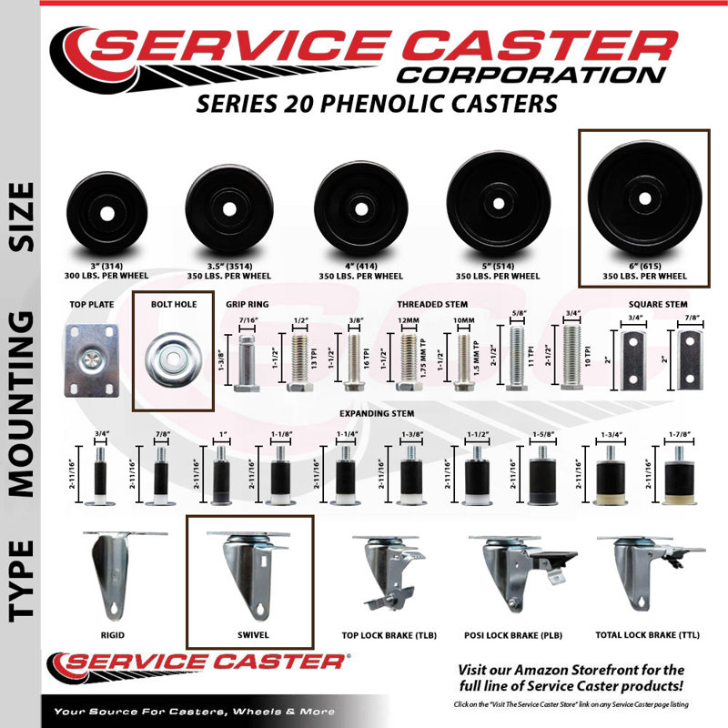 Phenolic Wheel Swivel Bolt Hole Caster Set with 2 Total Lock Brake