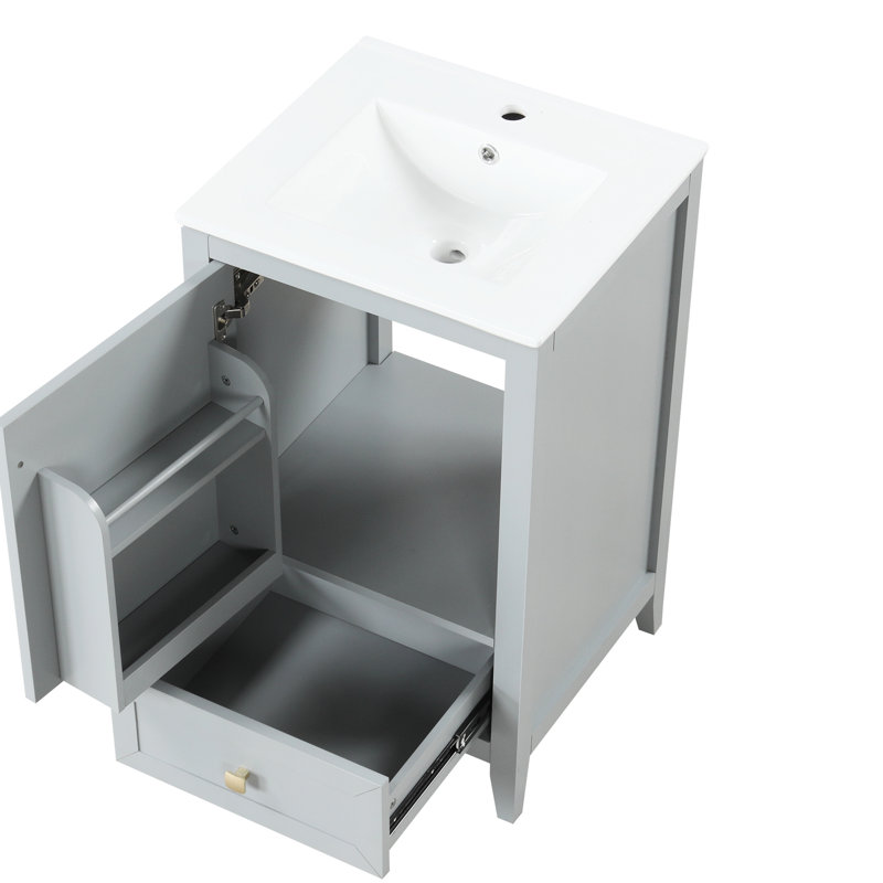 Meuble-lavabo de 20 po avec lavabo, gris. Porte d'armoire et rangement tendance. Panneau et céramique. Finition à l'eau. Assemblage requis 20 po, options de rangement robustes. Imperméable.