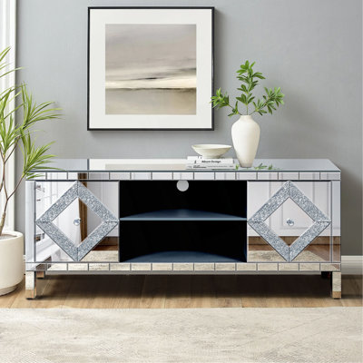 47 Inch Mirror TV Media Console With Diamond Glass Doors, Dual Door Design And Open Storage Space, Compatible With 50-Inch Tvs&Modern Decor For Living Room & Bedroom