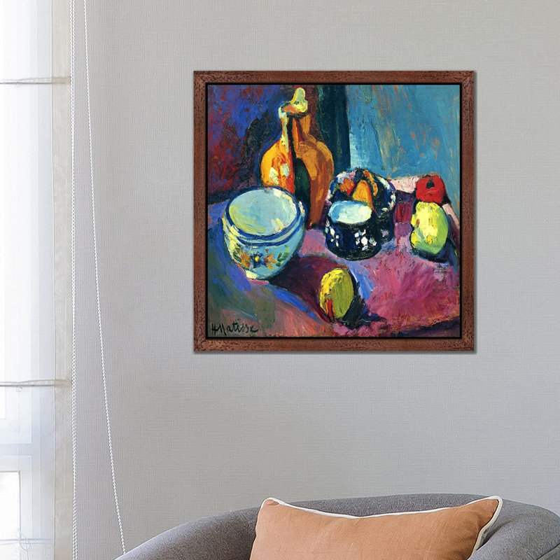 Dishes & Fruit by Henri Matisse - Floater Frame Painting on Canvas, 66.04 cm H x 66.04 cm W, Brown