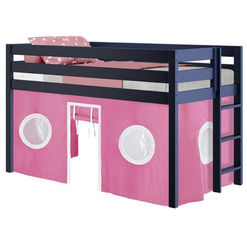 Johannes Solid Wood Twin Low Loft Bed with Ladder and Tent, Blue/Pink