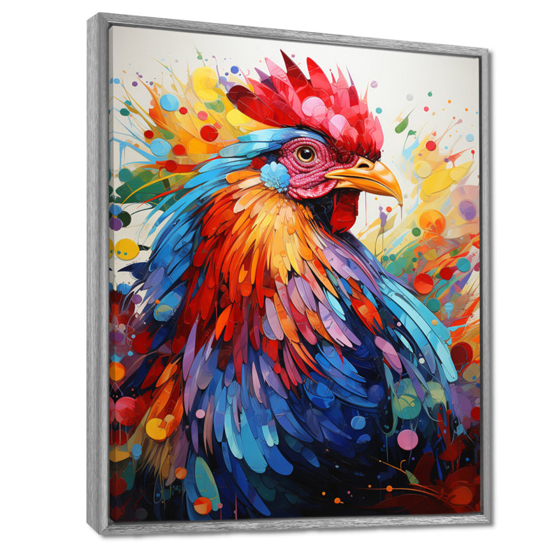 Coq coloré - décoration murale coq, H 40 po x l 30 po x P 1,5 po, Encadrement argenté