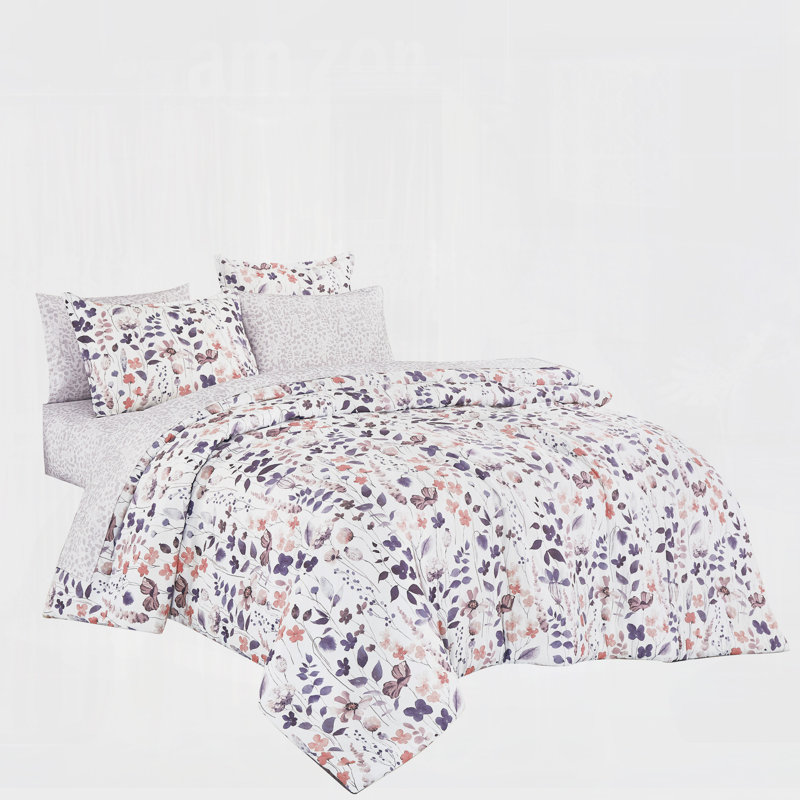 Ensemble de literie réversible en microfibre de polyester à motif floral et papillon, Édredon simple + 1 standard