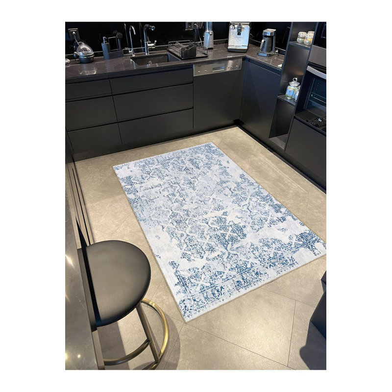 Tapis décoratif moderne bleu à motif abstrait lavable à la machine, Sous-tapis carré 3 pi 3 po inclus