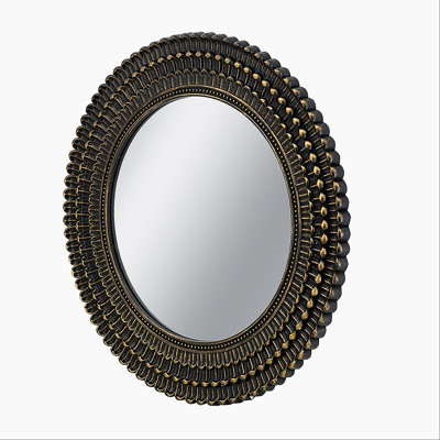 D26.5" Round Black And Gold Wooden Accent Mirror With Woven Texture