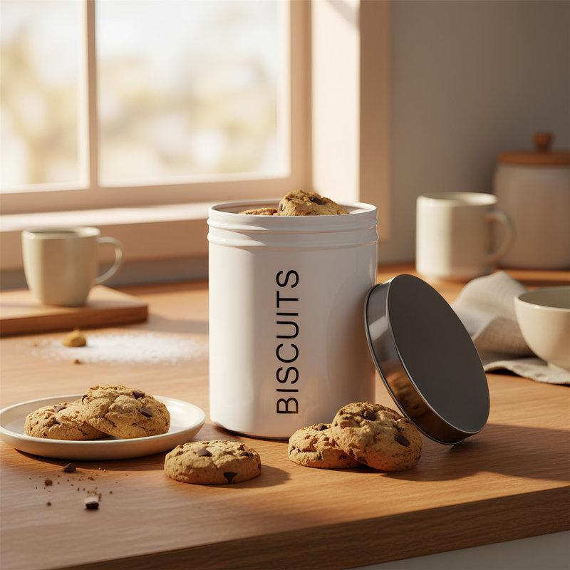 Harbour Housewares - Round Metal Kitchen Biscuit Tin, White