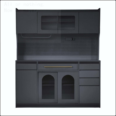 63'' Buffet with Hutch, Coffee Bar Cabinet with Power Outlet, Pegboard, and Towel Rack