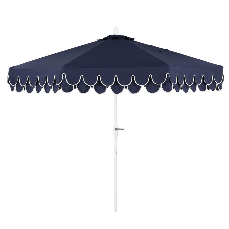 Parasol de marché extérieur octogonal 9 pi avec bordure festonnée, manivelle et inclinaison Tracy, Marine, Blanc