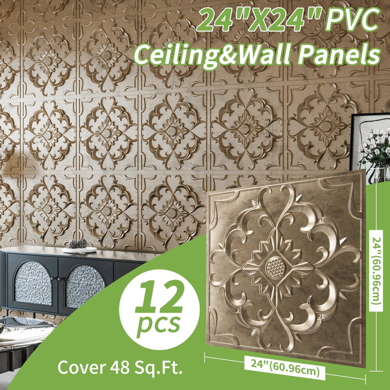 Carreau de plafond texturé à coller et à suspendre en PVC L 24 po x l 24 po Art3d pour la décoration intérieure (ensemble de 12)