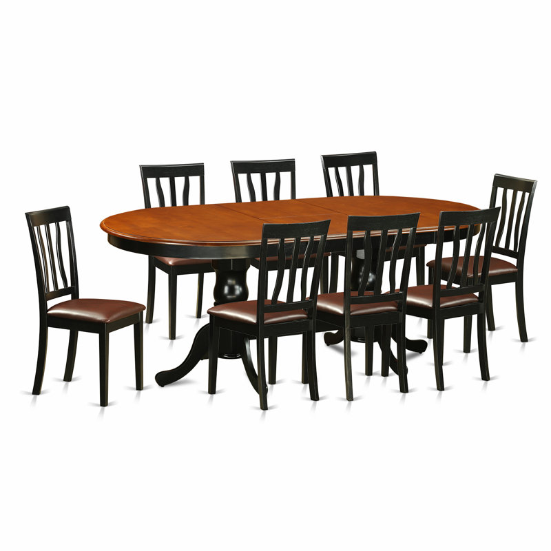 9 Piece Dining Room Table Set Includes an Oval Kitchen Table with Butterfly Leaf and 8 Faux Leather Dining Chairs, Black & Cherry