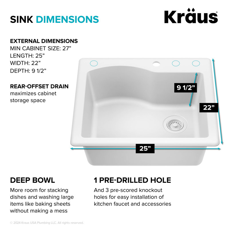 Évier de cuisine en granit à double montage KRAUS avec options d'installation encastrée et sous-comptoir, Blanc