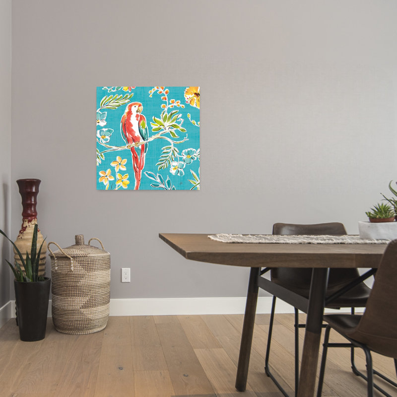 Oasis tropicale III, oiseau abstrait, hibiscus, orchidée, art floral tropical, H 24 po x l 24 po
