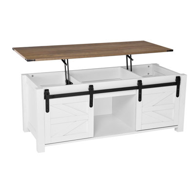 47.2 in Farmhouse Lift Top Coffee Table, Rustic Center Table with Barn Door and Hidden Storage Compartment, Modern Rectangle Lifting Tabletop for Living Room, Office, Home, Easy Assembly, White
