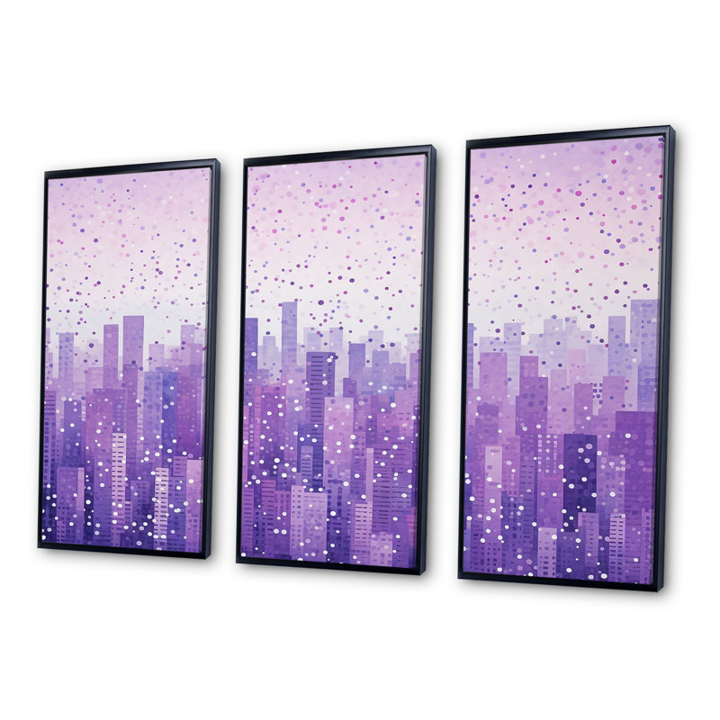 Lilas superposés gratte-ciel urbain horizon I - ensemble de décorations murales gratte-ciel, Cadre flottant noir