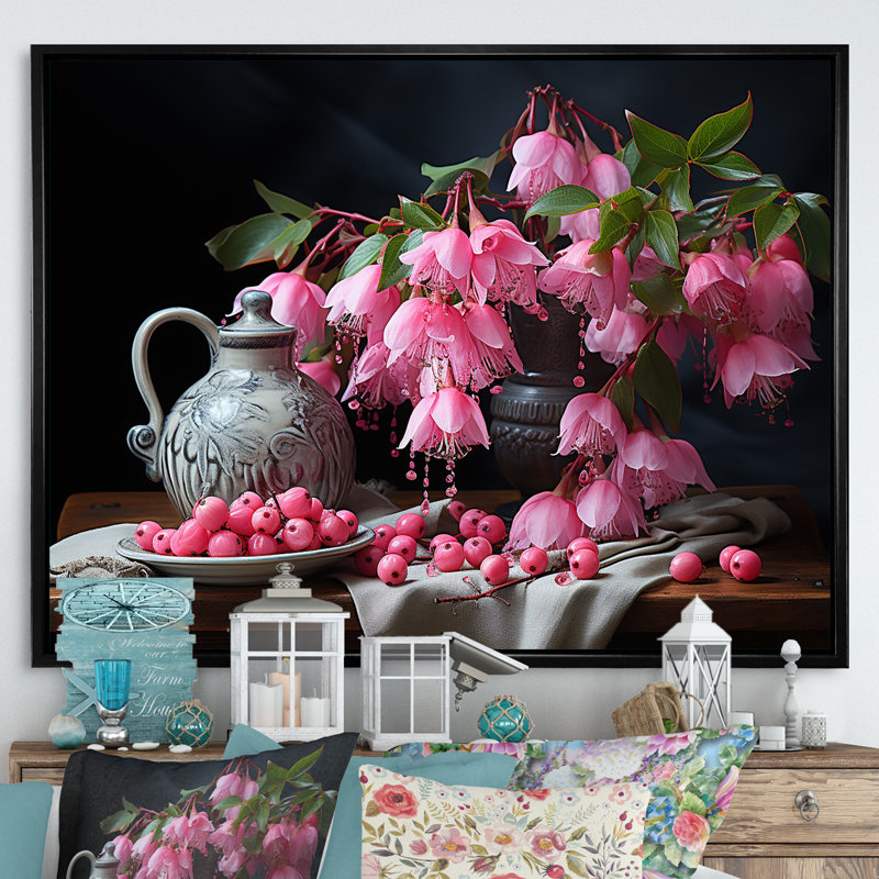 Nature morte bouquet de fuschia, Cadre flottant noir, H 24 po x l 32 po x P 1 po