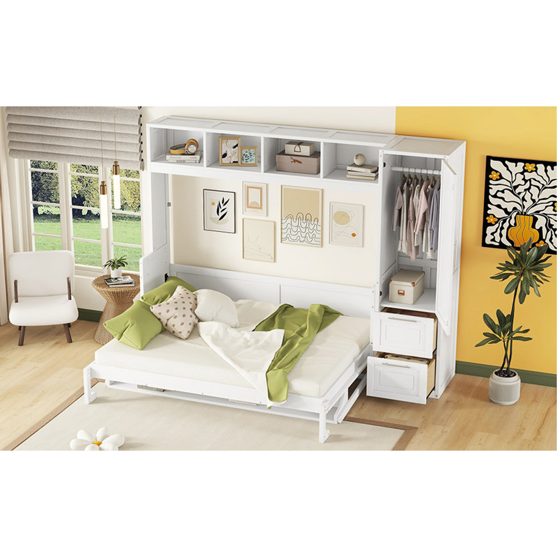 Ajae Murphy Bed with Storage Bookcase, Drawers and Wardrobe, White, Queen