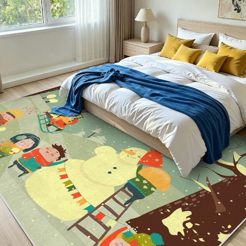 Tapis d'intérieur blanc lavable à la machine, motif de jeux d'hiver et Noël pour enfants, Rectangle 71 po x 98 po