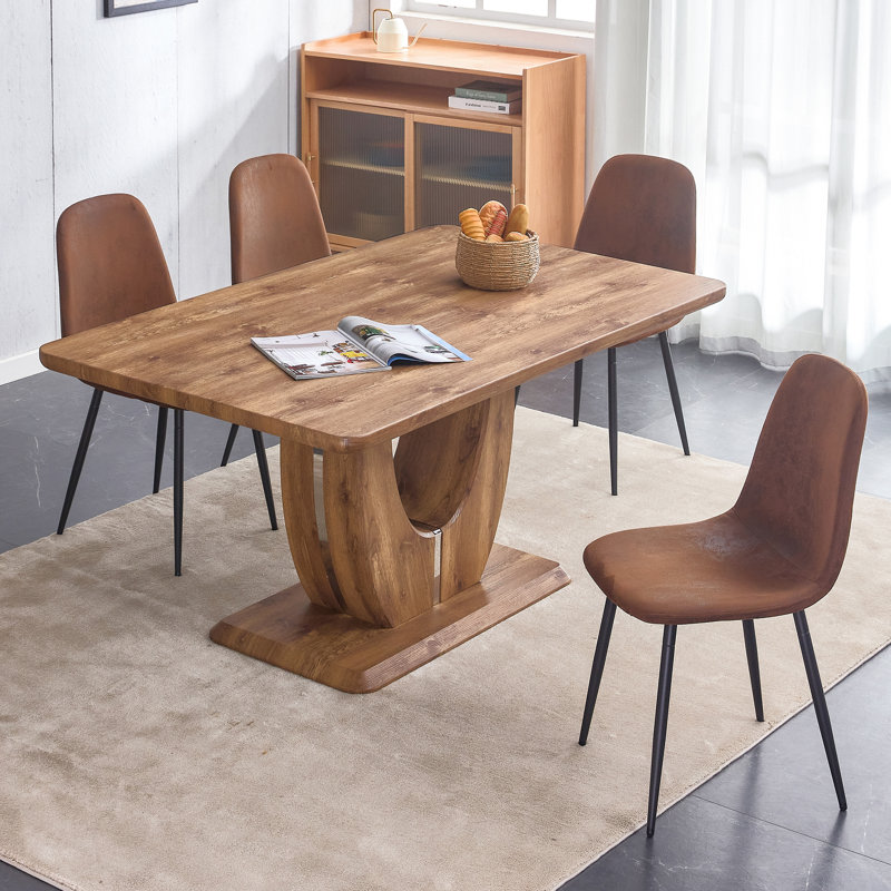 5-Piece Dining Set with U-Shaped Sculptural Pedestal Table and 4 Faux Leather Mid-Century Modern Chairs, Walnut Finish, 5