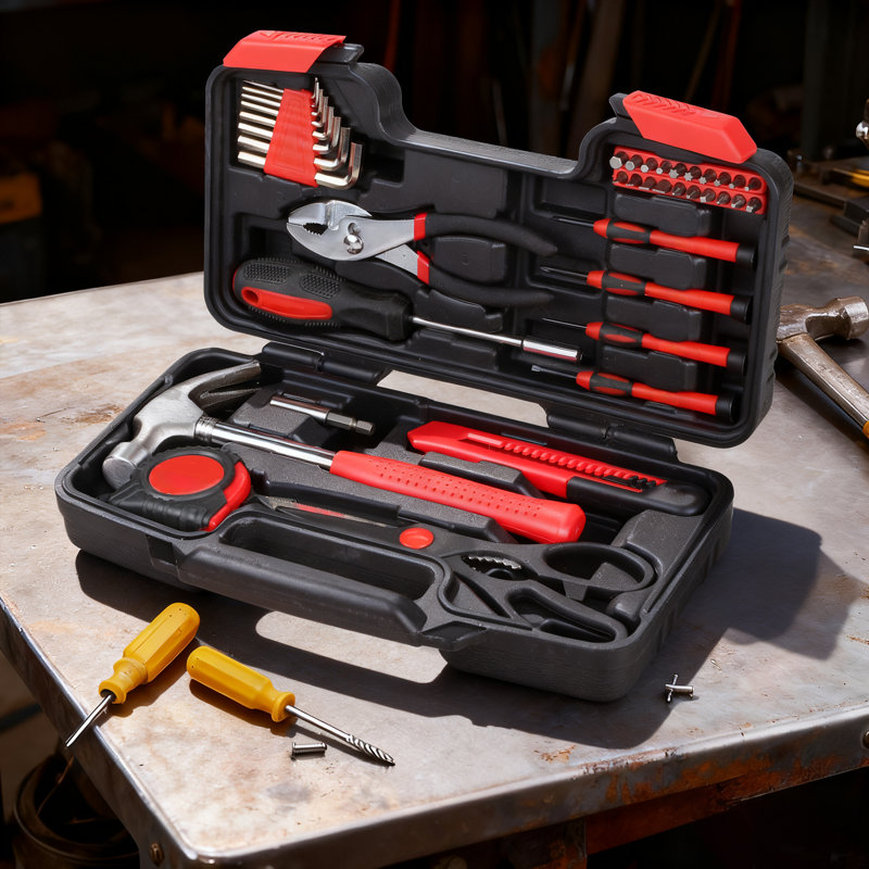 Ensemble d'outils 39 pièces pour la maison avec étui de rangement en ABS 12,5 po x 7,5 po x 3,25 po, Noir / Rouge