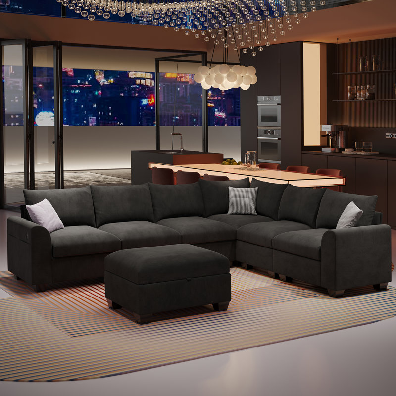 120 '' L-Shaped Modular Sectional Sofa, 6-Seater Cushioned Cloud Couch, With Ottoman Storage And USB, Black 