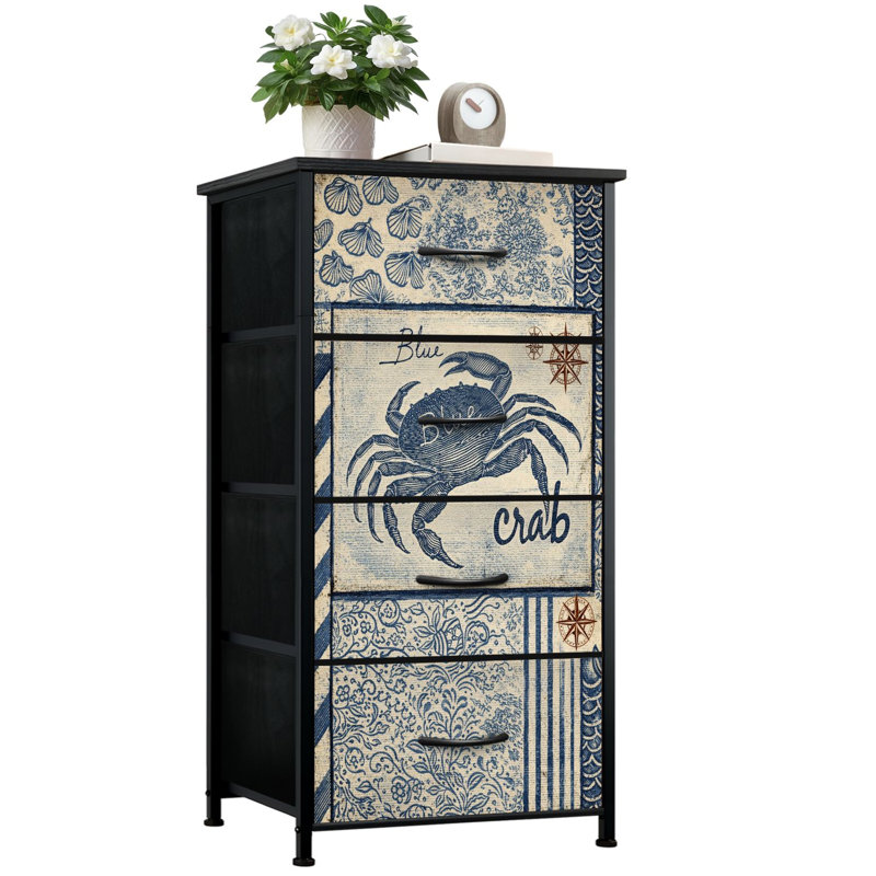 Commode rustique pour chambre à coucher avec 4 tiroirs de rangement rétro commode crabe bleu mer rétro