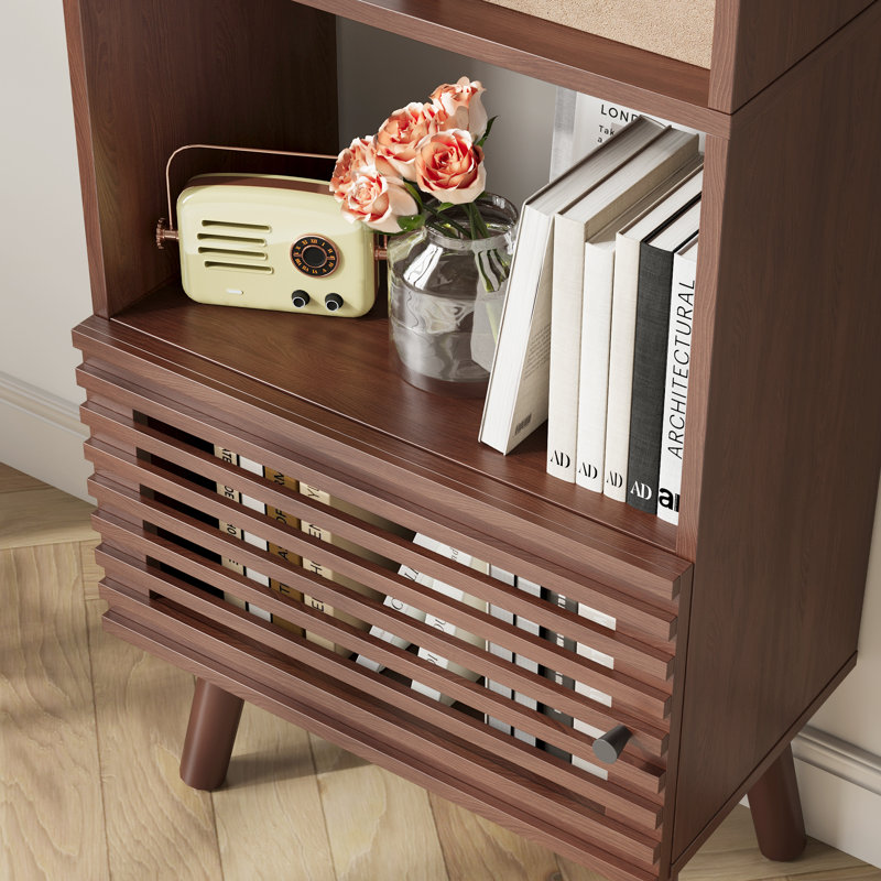 Small Bookcase, 43" H Open Shelf Cube Bookshelf With Slatted Door, Mid-century Bookcase With 3 Cubes, Open Shelves Display Storage Cabinet For Living Room, Home Office, Walnut
