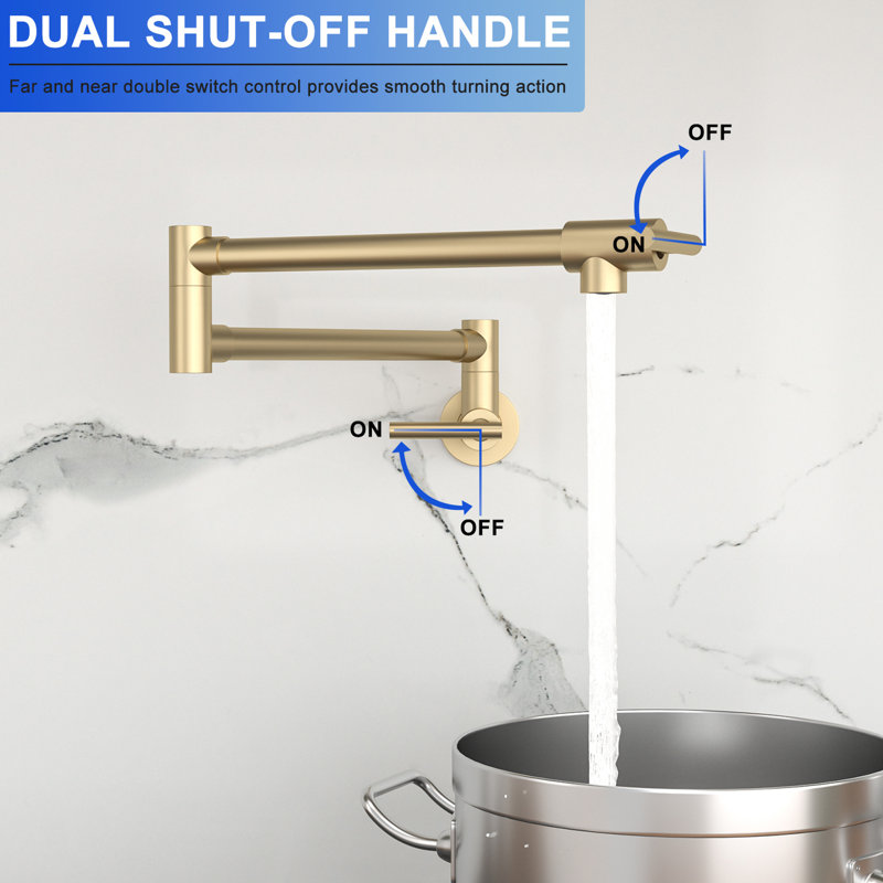 Gold Stretchable Pot Filler For Wall Mount Kitchen, Single Hole, Two - Handle Faucet, Modern Aesthetic, Ceramic Disc Shut Off Valves