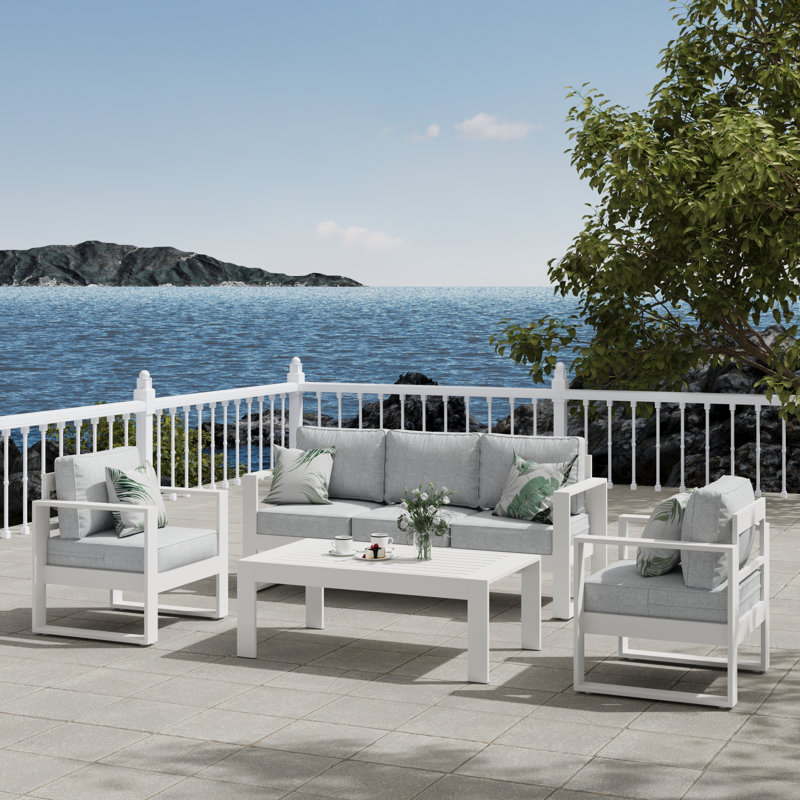 Standalone Product 5 - Person Patio Conversation Set with Cushions, White Frame/Light Gray Cushion
