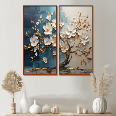 Orchidée bleue et blanche dorée de branches III - art mural moderne blanc