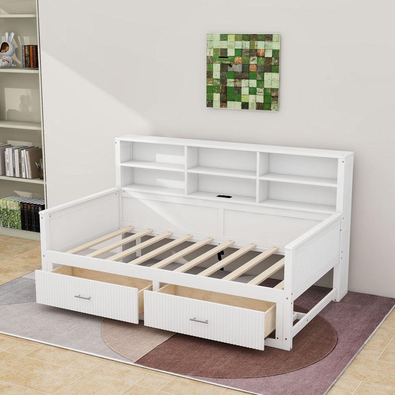 Lit de jour en bois avec tablettes de rangement, tiroirs et station de charge, Lit simple, White