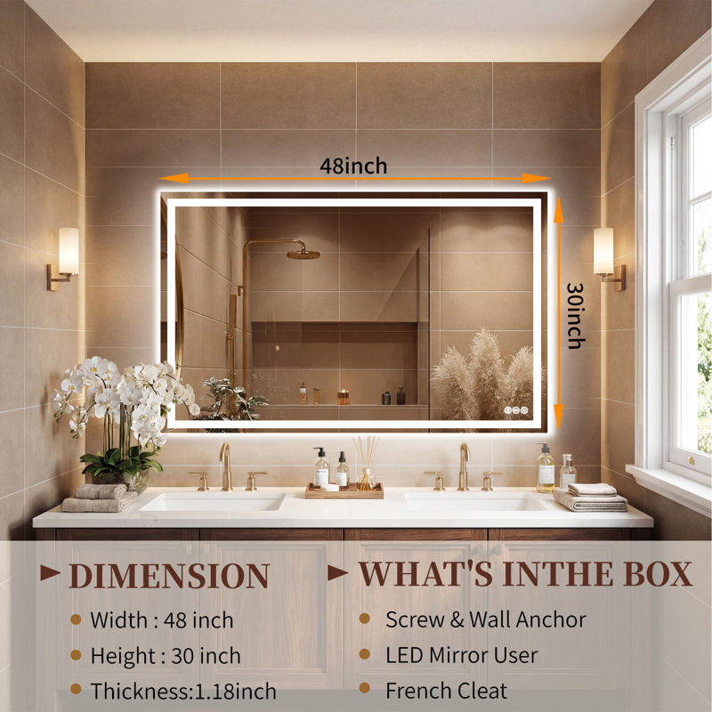 UL Certified Front & Backlit LED Bathroom Vanity Mirror with Lights, Anti-Fog, Dimmable 3-Color Temperature, Memory Function, Tempered Glass Wall Mirror