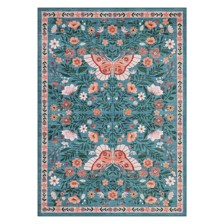 Farmhouse Floral Machine Washable Rug with Non Slip TPR Backing Soft Thin Foldable Mat Botanical Butterfly Printed Carpet Low Pile Non Shedding Carpet