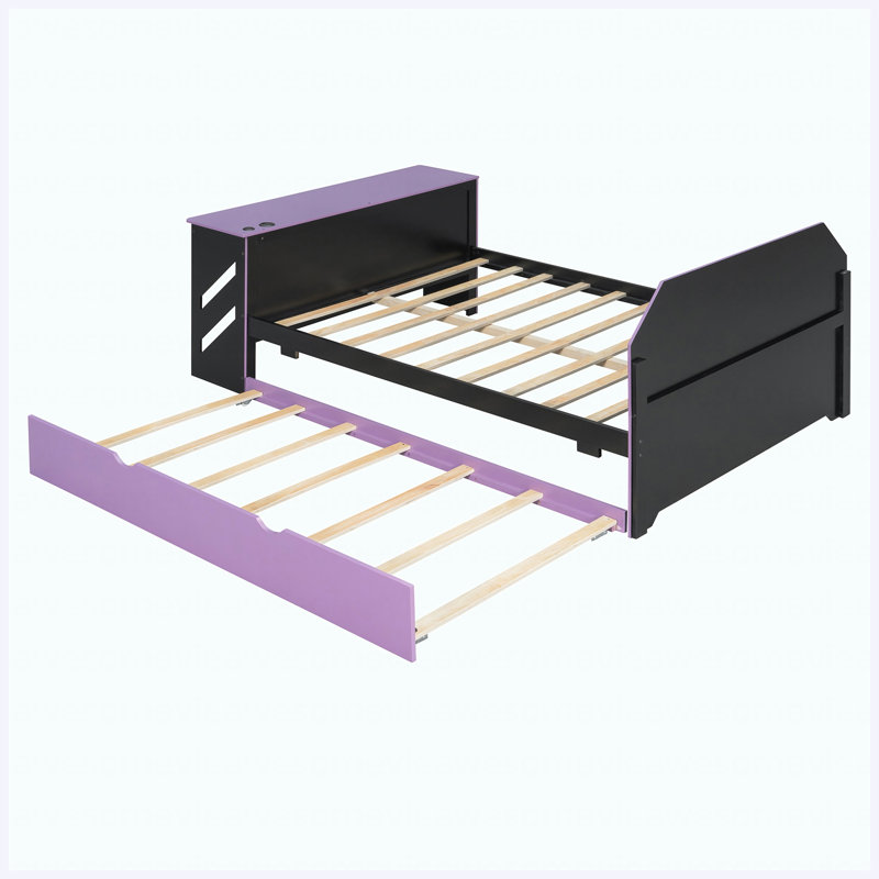 Lit de jour en bois pleine grandeur avec lit gigogne simple, bureau intégré et ports de charge USB, finition noire et mauve