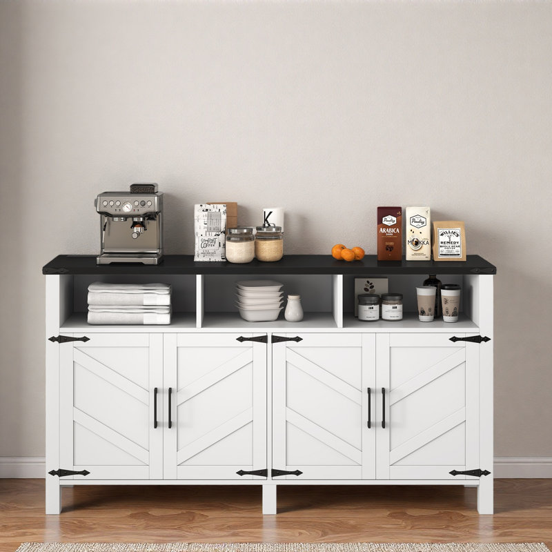 59'' Modern 4-Door Sideboard Buffet With Power Outlets & USB Ports, Adjustable Shelves And Half-Open Storage Cabinet, Metal Accents & Aluminum Handles For Living Room, Dining Room, Entryway