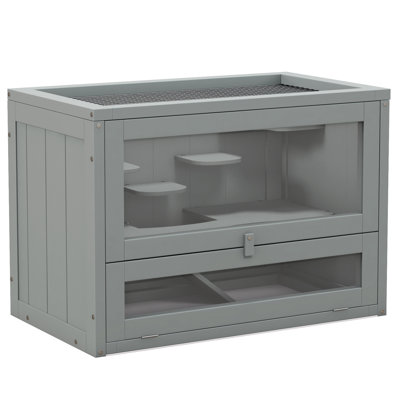 Gray Hamster Cage. 2-Level Design For Small Pets. Made Of Fir Wood With Openable Top & Front Door. Includes Shelf, . Suitable Hamsters, Mice, , Chinchillas, Guinea Pigs. Spacious And Ventilated. Easy