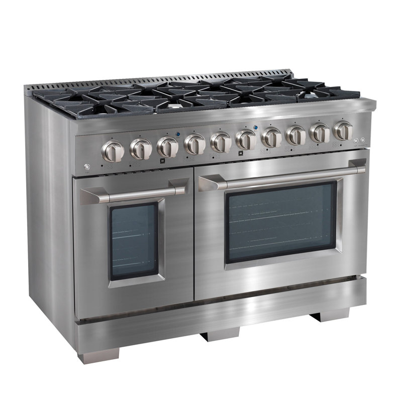 Ancona 48” 6.7 cu. Ft Double Oven Dual Fuel Range with 8 Burners with Griddle and Convection Oven, Stainless Steel