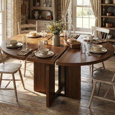47"-63" Extendable Round to Oval Dining Table for 4-8 People, Expandable Kitchen Table with Sturdy Metal Frame & Wide Legs