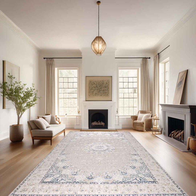 Sapphire Azure Halo Blue Grey Medallion Abstract Area Rug, Runner 66 x 240 cm