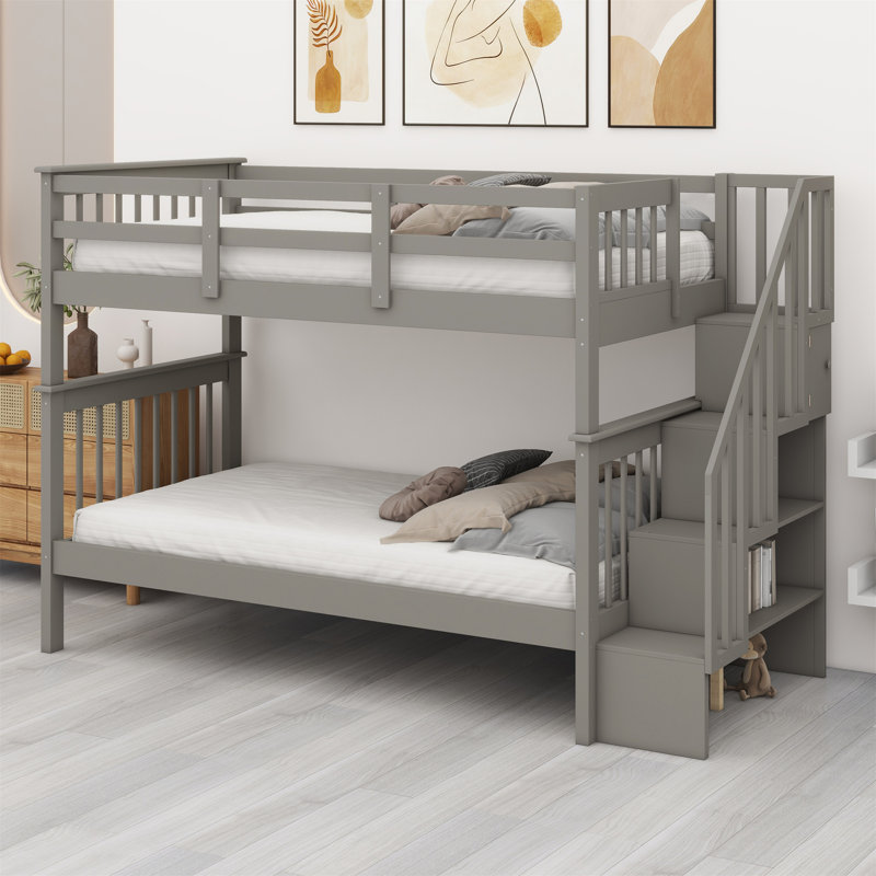 Bunk Bed With Storage Stairway And Guard Rail, Gray