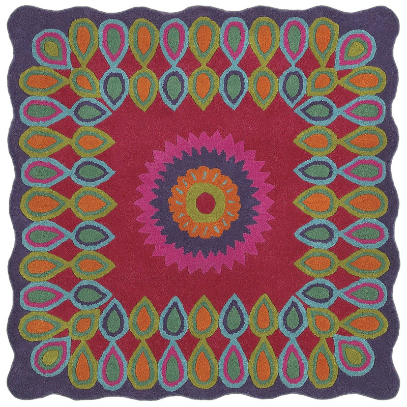 Motif géométrique carré en laine Touffeté à la main de 4 pi x 4 pi rouge/mauve/vert Tapis décoratif, Carré 4 pi x 4 pi