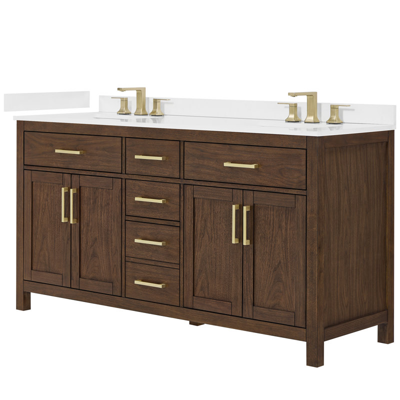 Beckett 66" Freestanding Double Bathroom Vanity with Quartz Top, Brushed Gold, White Quartz, Whitewashed Oak