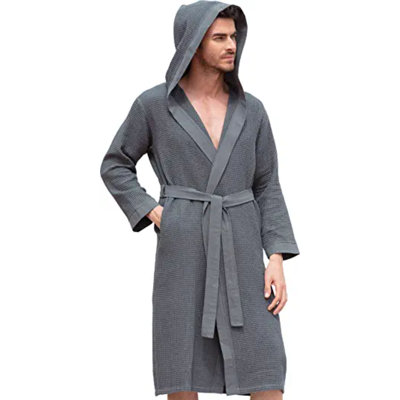 SEYANTE Mens Premium Waffle Knit 100% GOTS Certified Turkish Organic Cotton Hooded Robe
