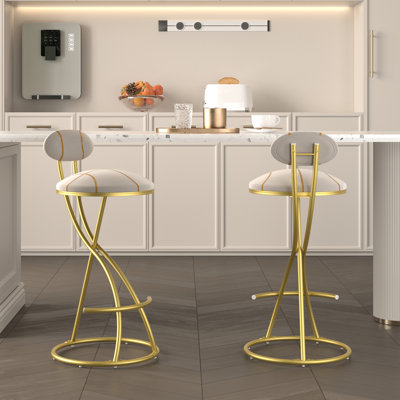 Round Bar Stools With Soft Foam Cushion, Gold Stripe, And - Scratch Upholstery For Dining Tables S Shaped Stripe Kitchen Of 2 Velvet Seat, Footrest, Metal Frame Counters