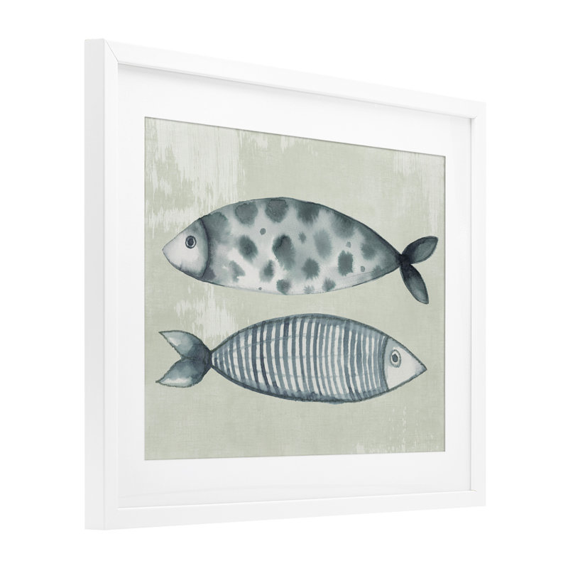 Poisson à pois et rayé, reproduction sous verre, design par Eli Jones, H 13 po x l 16 po, Cadre blanc côtier