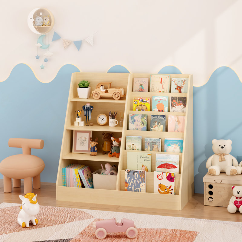 Organisateur de rangement pour enfants et bibliothèque pour enfants, étagère en bois multifonctionnelle à 4 niveaux avec présentoir pour salle de jeux et chambre d'enfant