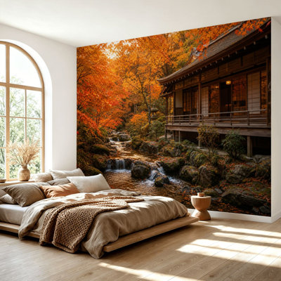 Papier peint adhésif auto-adhésif moderne pour la chambre à coucher avec jardin d'automne japonais L 69 po x l 96 po Peel and Stick
