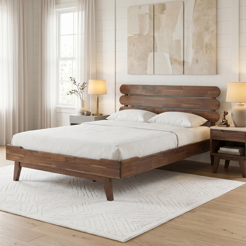 Queen Size Bed Frame with Headboard & Footboard, Solid Wood Platform Bed, Metal Legs,12 Durable Slatted Structure, No Box Spring Needed, Anti-Noise & Slip-Free, Easy Assembly, Walnut Finish