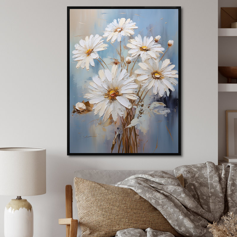 Marguerite blanche en fleurs élégance IV - imprimé, Cadre flottant noir, H 40 po x l 30 po x P 1,5 po