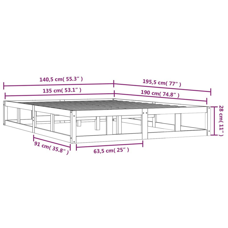 Bed Frame Solid Wood, White, 140.5 x 195.5 cm