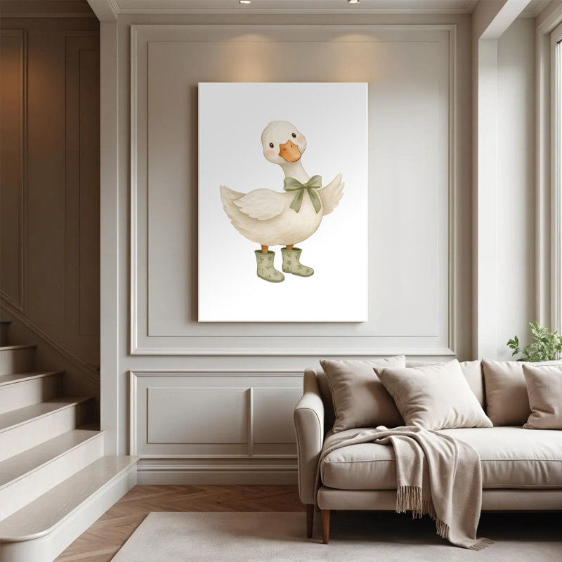 Tableau aquarelle fantaisiste « Canard botté et nœud papillon », 61 x 91 cm, impression sur toile tendue sur châssis, blanc et rose. Décoration murale originale pour la cuisine, la salle de bain et la chambre d'enfant.